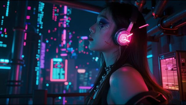 Ring light, girl and portrait for live streaming, gaming or talking to social media followers, fans or audience at home. Excited content creator, influencer or cool gamer in POV screen and neon room