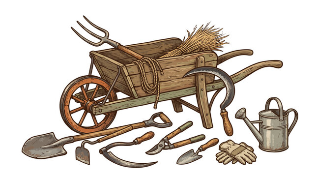old wooden cart with tools