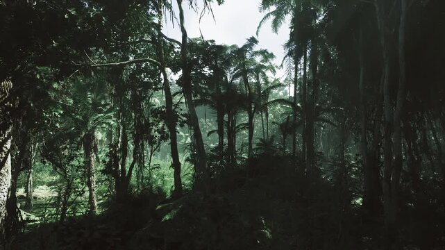 Shaded fiji rainforest after sudden rain, droplets clinging to leaves and pooled puddles on dark soil, glossy surfaces and heavy humidity creating dramatic mood