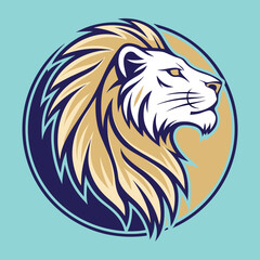 Lion head logo design featuring stylized mane inside circular frame on light blue backdrop. © Prosun Gain