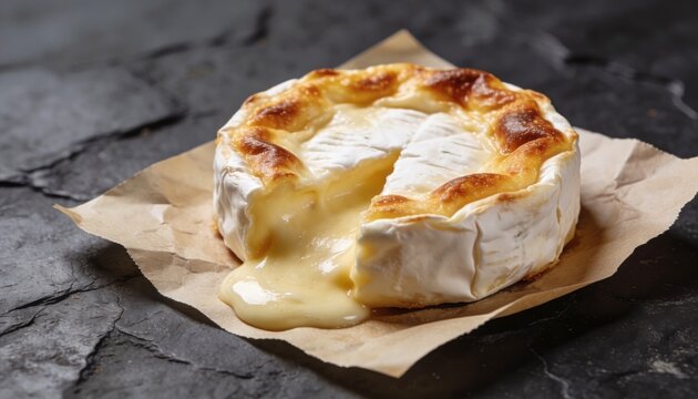 Delicious Baked Wheel of Soft Cheese with Melted, Gooey Center on Brown Parchment Paper, resting on a rustic dark stone surface. Perfect for gourmet food concepts, indulgent appetizer visuals, and cul