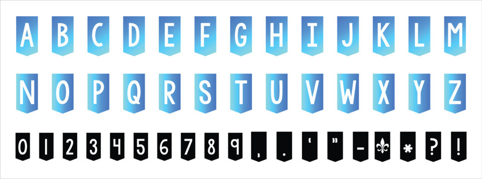 Modern block alphabet font set with blue tile typography and minimalist geometric character style. Creative uppercase letters and numbers for branding, posters and digital graphic design. Clean retro 