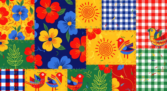 Patchwork quilt pattern with flowers birds and geometric textures