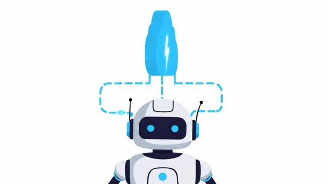 Tracking shot of humanoid robot connecting to cloud power icon in clean studio environment. slow upward pan revealing charging link and data connection to remote energy source.