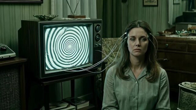 Woman with brain electrodes watching a spiral on a television. Experimental mind control and psychological programming. Concept of zombification and mass influence.