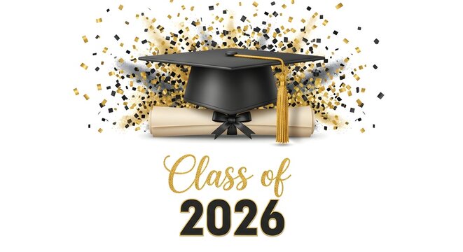 Class of 2026 graduation cap and diploma with gold and black confetti isolated on white background