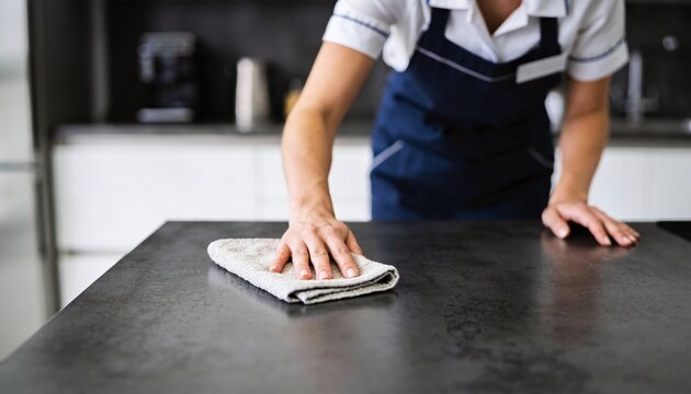Professional cleaner diligently wipes down a dark kitchen countertop with a soft cloth, demonstrating thorough hygiene and maintenance in a modern home or commercial space, ensuring a spotless and san