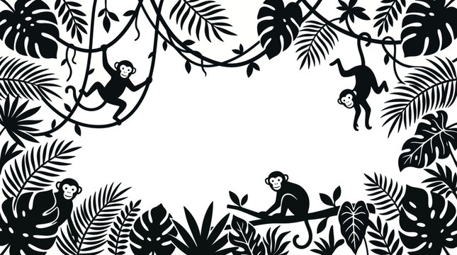 Playful monkeys swinging on tropical jungle vines and leaves frame