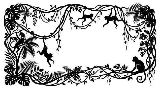 Jungle vine frame with monkey silhouettes and tropical leaves
