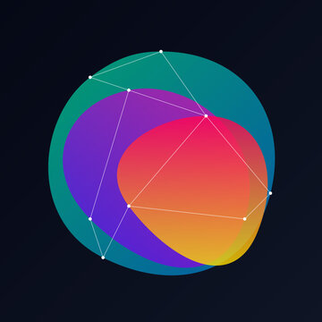 Abstract colorful fluid gradient orbs with geometric white mesh lines on dark background for design.