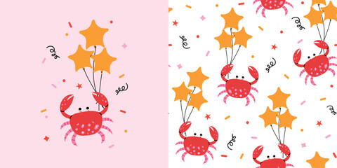 Cute crab collection with seamless pattern and nursery design. Funny ocean animal for birthday party decorations, greeting cards, fabric, textile. Flat vector illustration. © Hanna Bykova