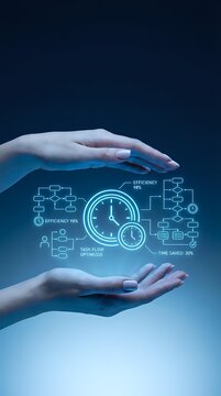 Two hands cradling glowing clock and workflow icons against blue background, representing time management, efficiency optimization, and productivity solutions for business processes.