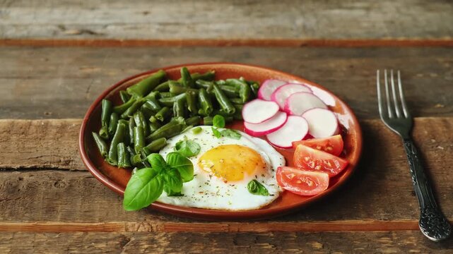 Healthy breakfast. Fried egg, fresh tomatoes slices, radishes and basil leaves on plate