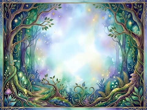 Enchanted Magical Forest with Glowing Fantasy Fairy Tale Woodland Mystical Nature Illustration