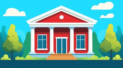 Fototapeta premium Cartoon illustration of a red building with columns under a blue sky backdrop