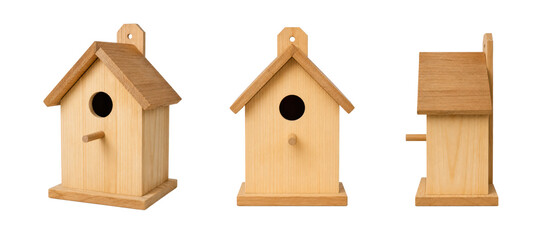 Wooden birdhouse isolated on light gray background, handcrafted nesting box with natural wood texture shown from front, angle, and side views for garden decoration, pet accessory, and outdoor wildlife © MJ iceberg