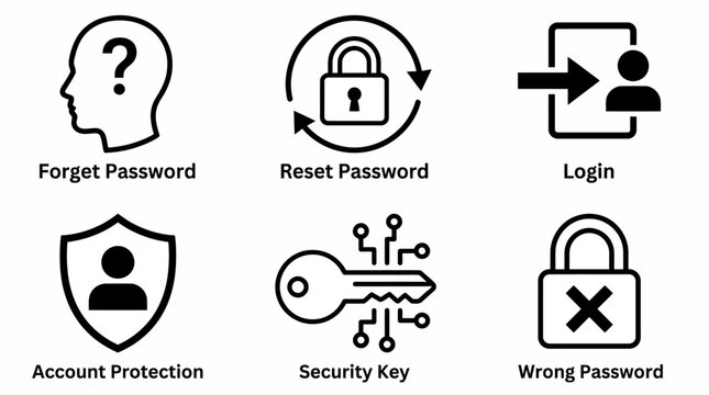 Vector graphic set featuring flat interface icons for user account authentication, secure login entry, forgotten password recovery, reset key authorization, and digital protection interface.