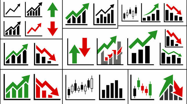 Comprehensive collection of financial growth and decline indicators featuring green and red upward and downward directional arrows, stock market progress charts, and economic diagram icons.