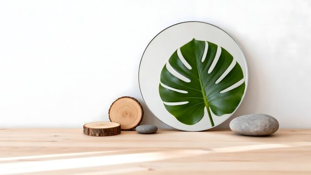 Decorative leaf and natural objects on wooden surface