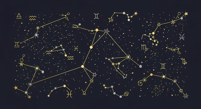 Zodiac signs and constellations on night sky background