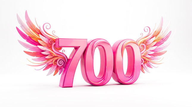 Pink 700 Number with Angel Wings 3D Render &ndash; Social Media Milestone, Achievement and Success Celebration Concept