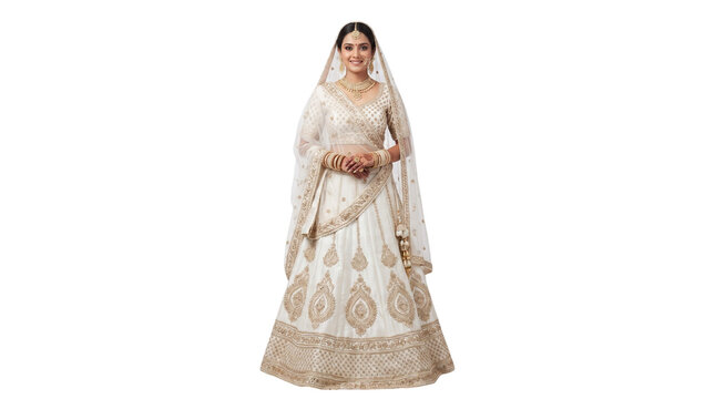 Indian beautiful young indian woman in traditional cream and red bridal lehenga choli with gold embroidery and jewelry, posing elegantly, isolated on transparent background indian