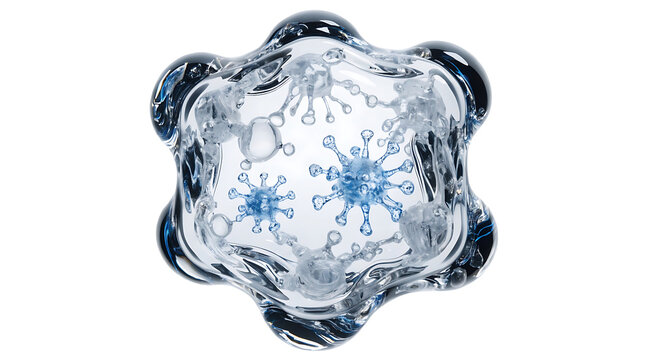 Transparent biotech capsule containing glowing microscopic virus models, clear polymer shell, blue pathogen illustration, clinical concept