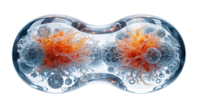 Transparent biotech capsule containing glowing orange cell cluster and dividing biological structures, scientific concept, dynamic energy