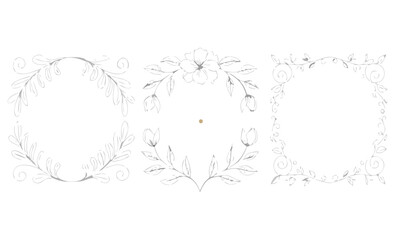 Obraz premium Invitation Set of Minimalist Square Wedding Cards with Floral Hand-Drawn Line Ornaments and Thin Decorative Borders