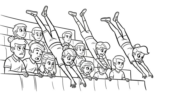 Excited cartoon audience cheering with legs raised high.