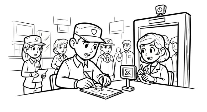 Office security guard verifying visitor identification document.