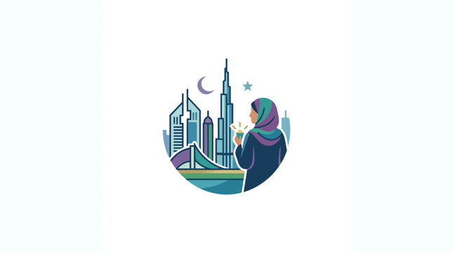 Dubai Cityscape Illustration with Woman in Abaya