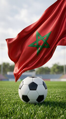 Fototapeta premium Moroccan Flag Waving Above Soccer Ball on Green Grass Field