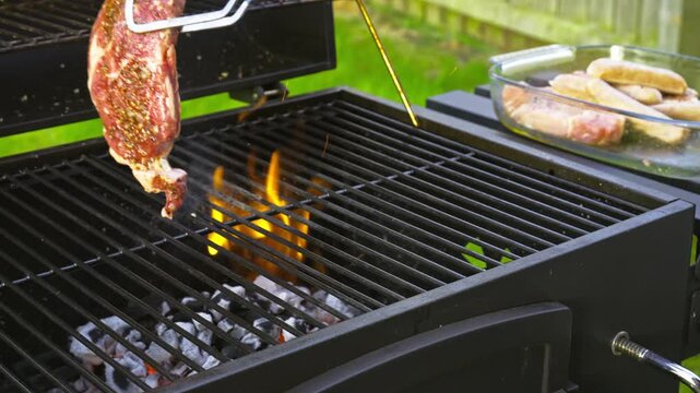 Meat Being Placed and Cooked on a Barbecue - Juicy beef steak and pork chop, sizzling on an outdoor barbecue grill.