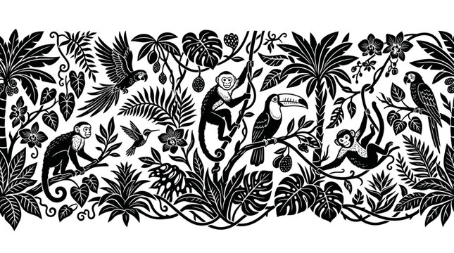 Black and white tropical jungle wildlife with monkeys and toucans