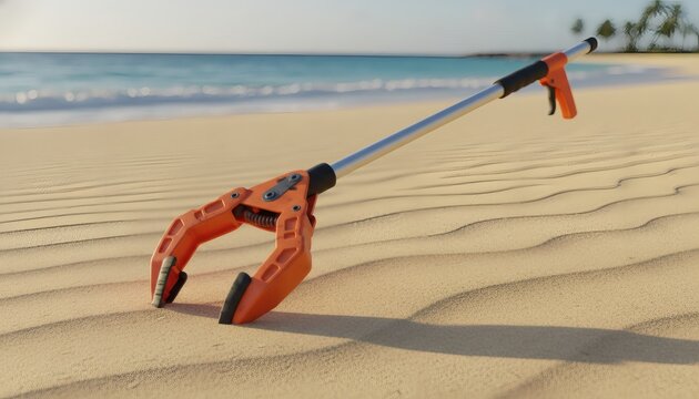 An orange beach litter picker tool standing upright on the soft sand of a tropical seashore with ocean waves, representing environmental protection and plastic cleanup concept