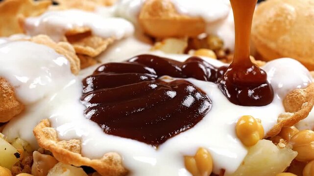Pouring chocolate syrup on cereal with milk