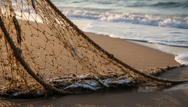 Traditional beach seine net hauling a fresh catch of small fish on the sandy shore at sunset, representing coastal livelihood and a sustainable marine harvest concept
