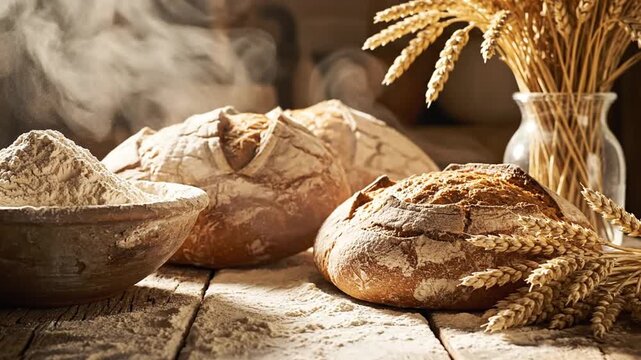 Freshly baked artisan bread loaves with flour and wheat stalks on a rustic wooden table with rising steam