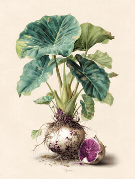 Taro plant with large tropical leaves and visible taro corm is depicted in this botanical illustration. corm is partially sliced, revealing its purple interior