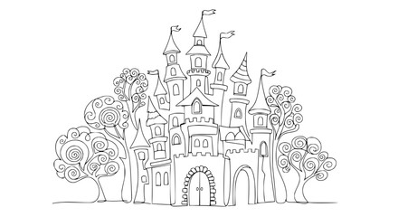 Whimsical Castle Outline Drawing with Swirling Trees © Hujan