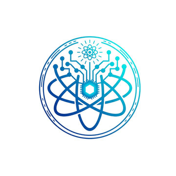 Royal blue quantum tech atom circuit linear flat vector logo for science innovation web