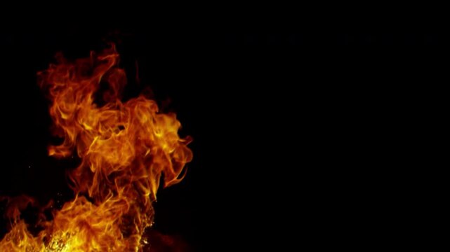 Dynamic Burning Fire Flames Isolated On Solid Black Background.