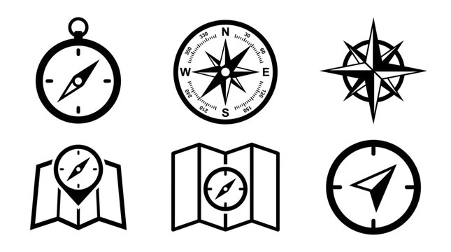 Large collection of navigation compass icons for marine travel, directional wind rose symbols, vector graphic elements for nautical exploration and mapping design isolated on white background.
