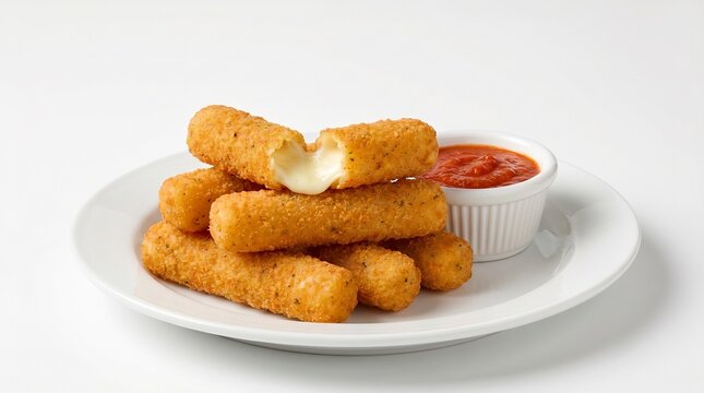 A plate of crispy breaded mozzarella sticks with a side of marinara sauce isolated on white background