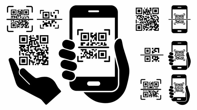 Hand Holding Mobile Smart Phone Scanning Digital QR Code Icon Vector Illustration Set. Electronic Payment Identification Security Scanner Interface Graphic Design Elements Isolated on Background.