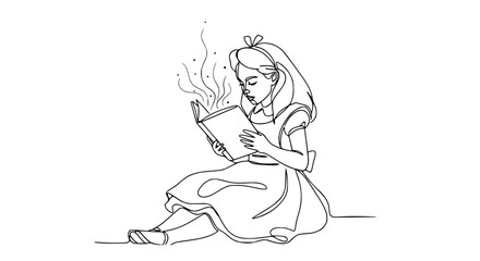 Obraz premium Enchanting Story Reading: Girl in Dress Lost in Magical Book, Whimsical Line Art