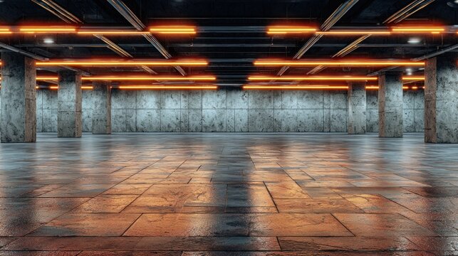 Vast, dimly lit interior space features raw concrete structure illuminated by parallel lines of vibrant orange neon light