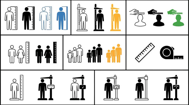 Flat vector human height measurement icon set featuring male and female figure with vertical metric scale ruler for stature dimension, size comparison, and anatomical growth tracking chart.
