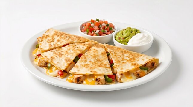 Delicious chicken quesadillas served with guacamole, sour cream, and fresh pico de gallo on a white plate, isolated on white background